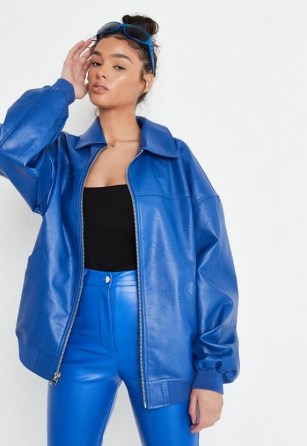 MISSGUIDED blue faux leather oversized bomber jacket – women’s casual front zip jackets - flipped