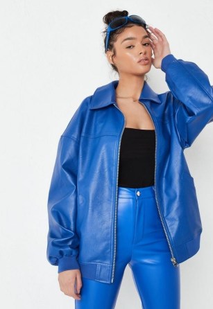 MISSGUIDED blue faux leather oversized bomber jacket – women’s casual front zip jackets