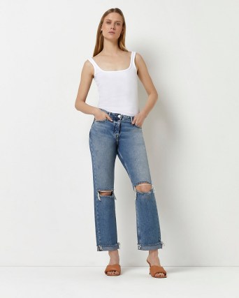 River Island BLUE RIPPED LOW RISE STRAIGHT JEANS | women’s denim clothes made from Responsibly Sourced Cotton - flipped