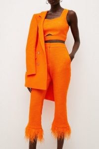 KAREN MILLEN Boucle Feather Hem Kickflare Trouser / orange textured crop hem trousers / women’s cropped occasion pants