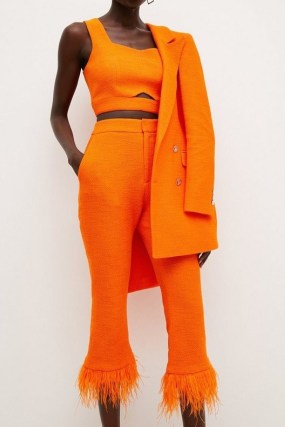 KAREN MILLEN Boucle Feather Hem Kickflare Trouser / orange textured crop hem trousers / women’s cropped occasion pants - flipped