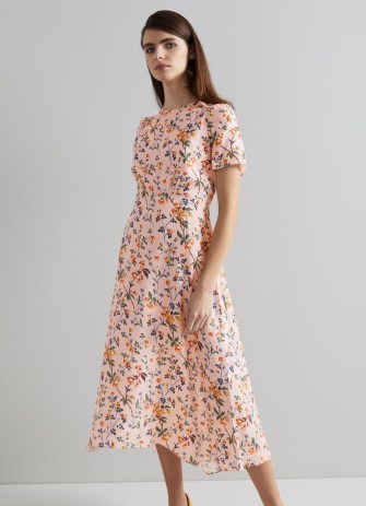 L.K. BENNETT Boyd Pink Silk Apple Blossom Print Dress ~ luxe short sleeved floral print dresses ~ summer occasion clothes - flipped