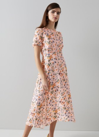 L.K. BENNETT Boyd Pink Silk Apple Blossom Print Dress ~ luxe short sleeved floral print dresses ~ summer occasion clothes