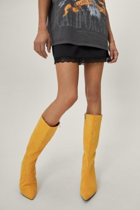 NASTY GAL Bright Faux Suede Pointed Knee High Boots Yellow