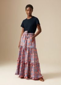 Tierd floral print maxi skirt / ME and EM Bright Paisley Floor Length Skirt + Belt / frill trimmed summer clothes