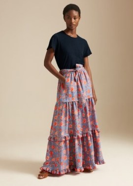 Tierd floral print maxi skirt / ME and EM Bright Paisley Floor Length Skirt + Belt in Royal Blue/Burnt Orange/Candy Pink / frill trimmed summer clothes - flipped