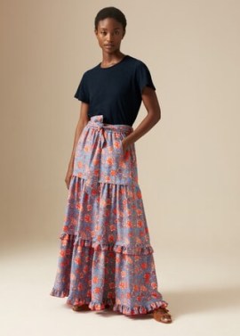 Tierd floral print maxi skirt / ME and EM Bright Paisley Floor Length Skirt + Belt in Royal Blue/Burnt Orange/Candy Pink / frill trimmed summer clothes