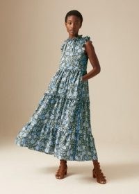 ME and EM Bright Paisley Halterneck Maxi Dress Khaki/Palace Blue/Chalk / feminine summer clothes / floral frill shoulder dresses / tiered ruffle trim fashion