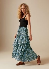 ME and EM Bright Paisley Maxi Track Skirt in Khaki/Palace Blue/Chalk / breezy floral summer skirts / feminine tiered layers