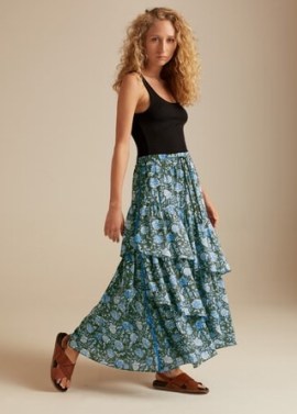 ME and EM Bright Paisley Maxi Track Skirt in Khaki/Palace Blue/Chalk / breezy floral summer skirts / feminine tiered layers - flipped