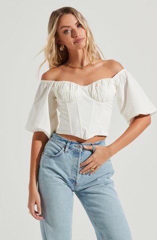 ASTR THE LABEL BRIXTON OFF SHOULDER CORSET HALF SLEEVE TOP in White – volume sleeved fitted bodice bardot tops - flipped