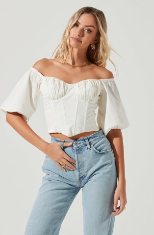 ASTR THE LABEL BRIXTON OFF SHOULDER CORSET HALF SLEEVE TOP in White – volume sleeved fitted bodice bardot tops