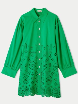 JIGSAW Broderie Beach Shirt Green / women’s holiday cover ups / floral cut out poolside shirts