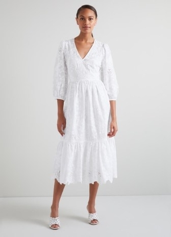 L.K. BENNETT Bronte White Cotton Flower Embroidered Dress ~ feminine floral summer occasion dresses - flipped