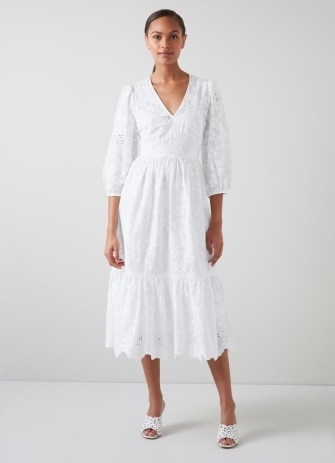 L.K. BENNETT Bronte White Cotton Flower Embroidered Dress ~ feminine floral summer occasion dresses