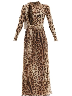 DOLCE & GABBANA Leopard-print silk-georgette dress / sheer flowing open front event dresses / women’s animal print occasion clothes / womens glamorous designer evening fashion / brown billowing gowns - flipped