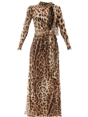 DOLCE & GABBANA Leopard-print silk-georgette dress / sheer flowing open front event dresses / women’s animal print occasion clothes / womens glamorous designer evening fashion / brown billowing gowns