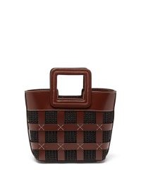 STAUD Shirley mini raffia and leather tote bag ~ brown and black woven top handle bags