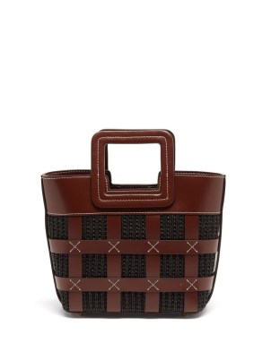 STAUD Shirley mini raffia and leather tote bag ~ brown and black woven top handle bags - flipped