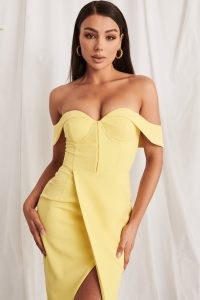 lavish alice bustier corset wrap midi dress in lemon yellow – fitted bodice bardot dresses – evening glamour
