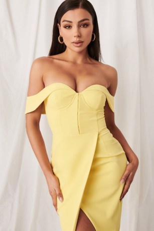 lavish alice bustier corset wrap midi dress in lemon yellow – fitted bodice bardot dresses – evening glamour - flipped