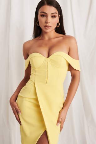 lavish alice bustier corset wrap midi dress in lemon yellow – fitted bodice bardot dresses – evening glamour