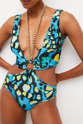 KAREN MILLEN Butterfly Print Chain Trim Swimsuit – glamorous cut out swimsuits – plunging swimwear – poolside glamour - flipped