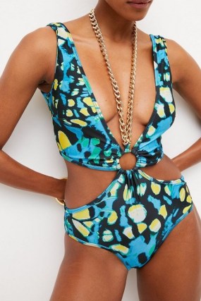 KAREN MILLEN Butterfly Print Chain Trim Swimsuit – glamorous cut out swimsuits – plunging swimwear – poolside glamour