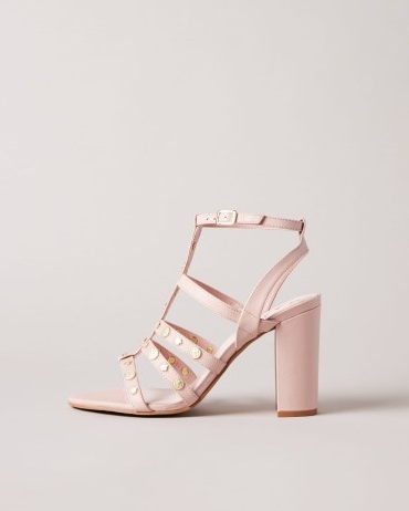 Carolya Stud Detail Block Heeled Sandals Dusky Pink / studded caged high heels