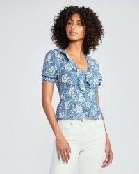 PAIGE Cayenne Blouse – Navy Multi | blue floral peplum blouses | short sleeve ruffled tops