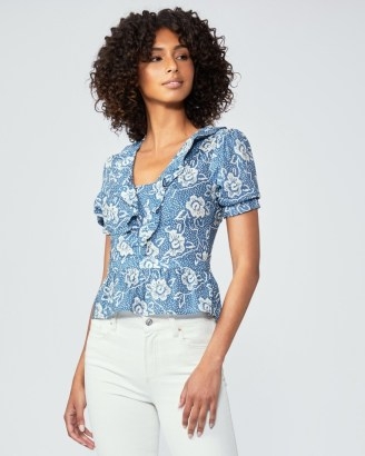PAIGE Cayenne Blouse – Navy Multi | blue floral peplum blouses | short sleeve ruffled tops - flipped