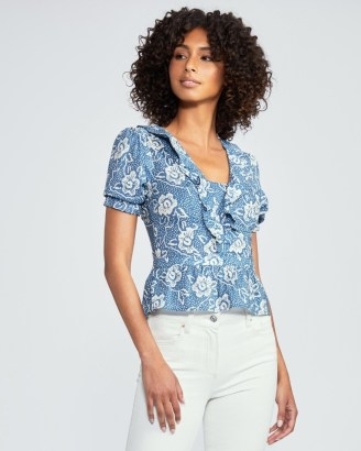 PAIGE Cayenne Blouse – Navy Multi | blue floral peplum blouses | short sleeve ruffled tops