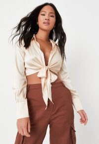 champagne tie front satin blouse – cropped shirt style blouses