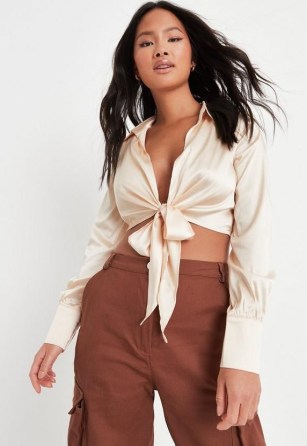 champagne tie front satin blouse – cropped shirt style blouses - flipped