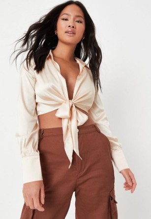 champagne tie front satin blouse – cropped shirt style blouses