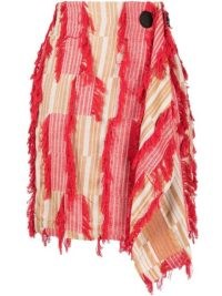Charles Jeffrey Loverboy textured asymmetric skirt – red and beige textured fringed skirts – women’s fringe trimmed clothes – mixed print fashion