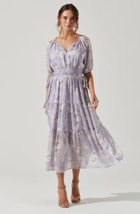 ASTR THE LABEL CINCHED WAIST TIERED MIDI DRESS LAVENDER CREAM FLORAL ~ floaty lilac bohemian inspired dresses ~ boho summer occasion fashion