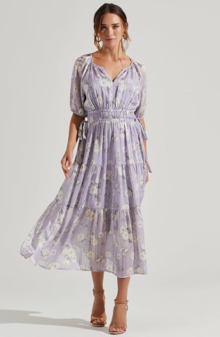 ASTR THE LABEL CINCHED WAIST TIERED MIDI DRESS LAVENDER CREAM FLORAL ~ floaty lilac bohemian inspired dresses ~ boho summer occasion fashion - flipped