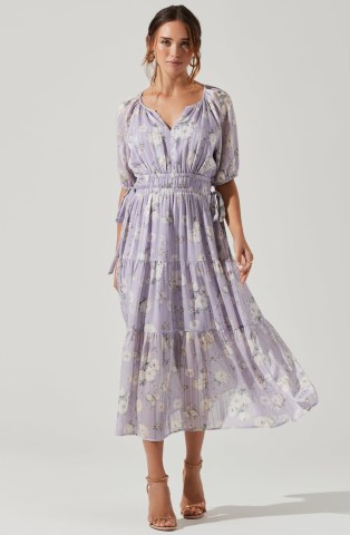 ASTR THE LABEL CINCHED WAIST TIERED MIDI DRESS LAVENDER CREAM FLORAL ~ floaty lilac bohemian inspired dresses ~ boho summer occasion fashion