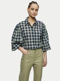 JIGSAW Cotton Gingham Shirt Navy / women’s blue checked balloon sleeved shirts