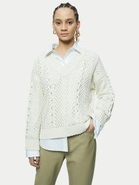 Jigsaw Cotton Lace V Neck Jumper Cream | women’s opeb knit jumpers
