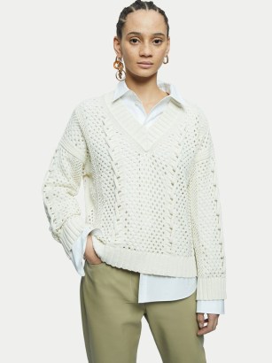 Jigsaw Cotton Lace V Neck Jumper Cream | women’s opeb knit jumpers - flipped
