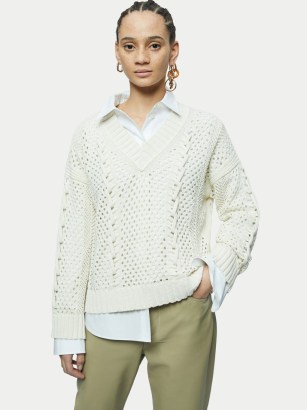Jigsaw Cotton Lace V Neck Jumper Cream | women’s opeb knit jumpers