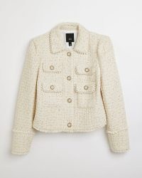 RIVER ISLAND CREAM BOUCLE PEARL CROPPED JACKET – textured tweed style jackets – vintage inspired clothes