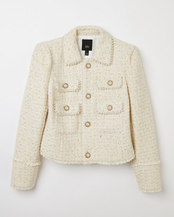 RIVER ISLAND CREAM BOUCLE PEARL CROPPED JACKET – textured tweed style jackets – vintage inspired clothes - flipped