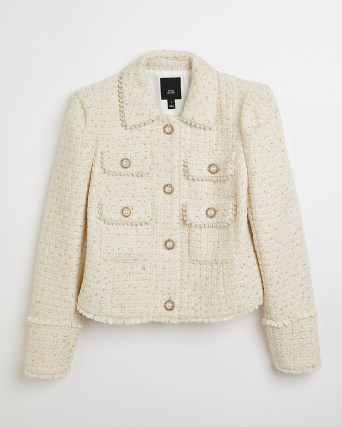 RIVER ISLAND CREAM BOUCLE PEARL CROPPED JACKET – textured tweed style jackets – vintage inspired clothes