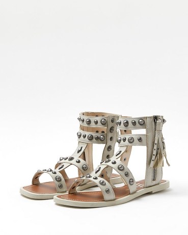 River Island CREAM WIDE FIT STUDDED GLADIATOR SANDALS | stud covered gladiators | summer flats - flipped