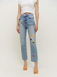 Reformation Cynthia High Rise Straight Jeans in Paradise | bird, floral and fruit print denim clothes