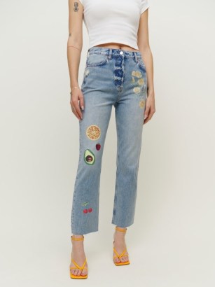 Reformation Cynthia High Rise Straight Jeans in Paradise | bird, floral and fruit print denim clothes - flipped