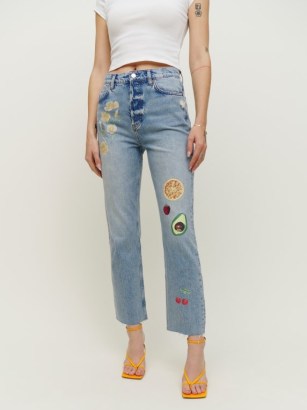 Reformation Cynthia High Rise Straight Jeans in Paradise | bird, floral and fruit print denim clothes